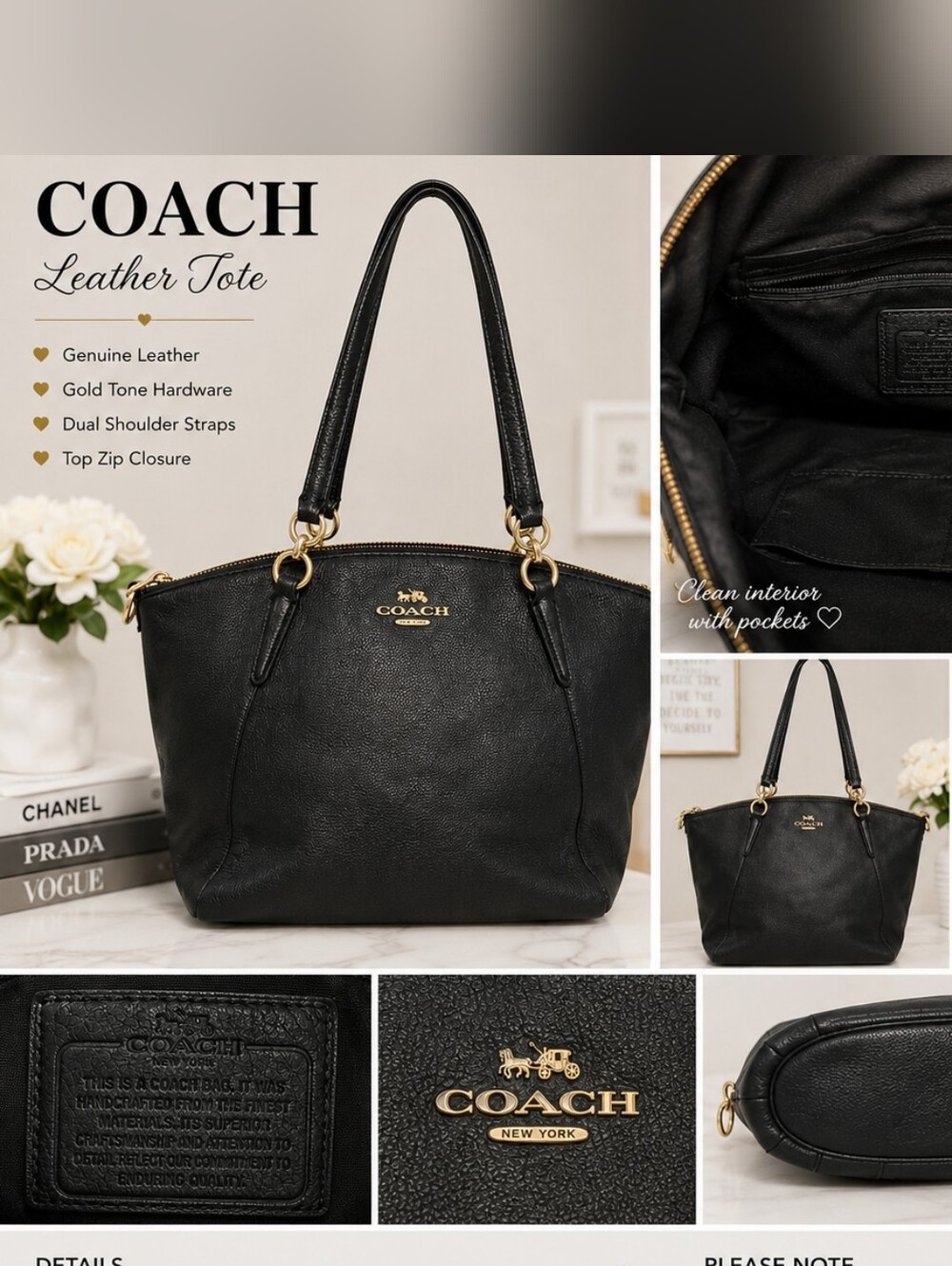 Coach Black Pebbled Leather Zip-Top Tote